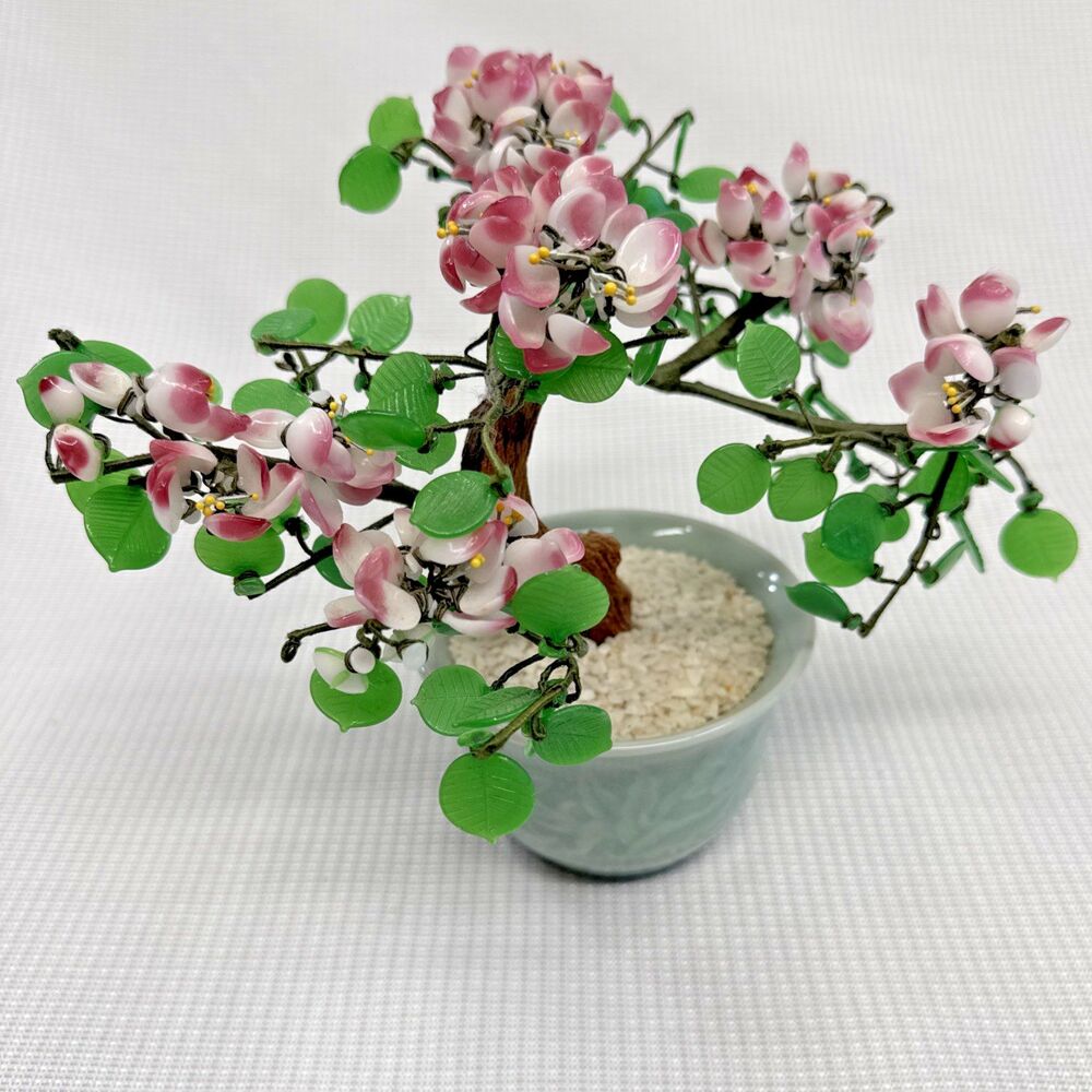 Vintage Chinese Bonsai Cherry Blossom Tree Green Jade-like Glass Leaves